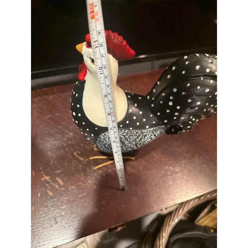 Black White Polka Dot Rooster Figurine Farmhouse Decor Metal Legs Chicken Statue